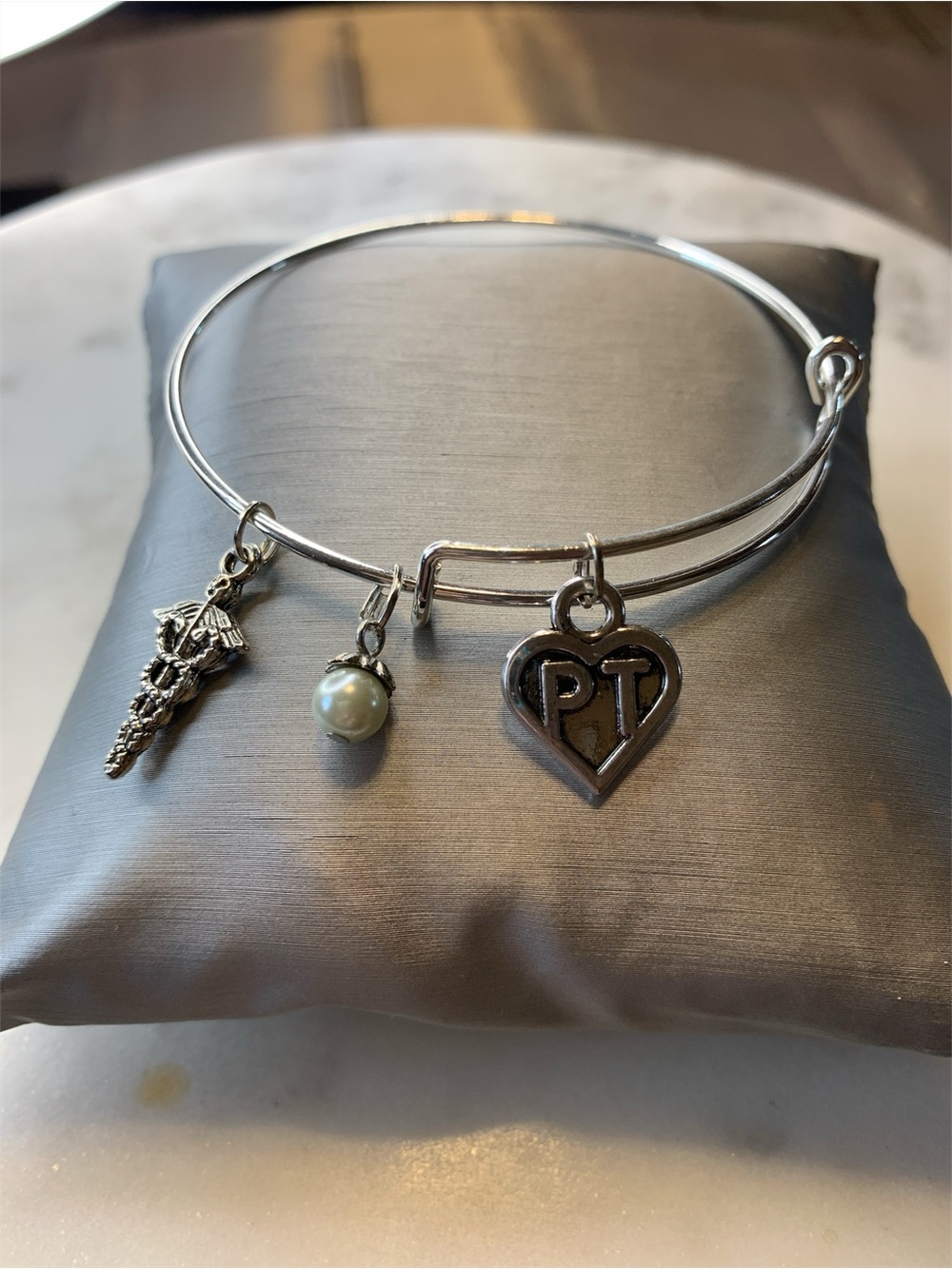 Silver PT Heart Charm Bangle with Medical Caduceus and Pearl Accent
